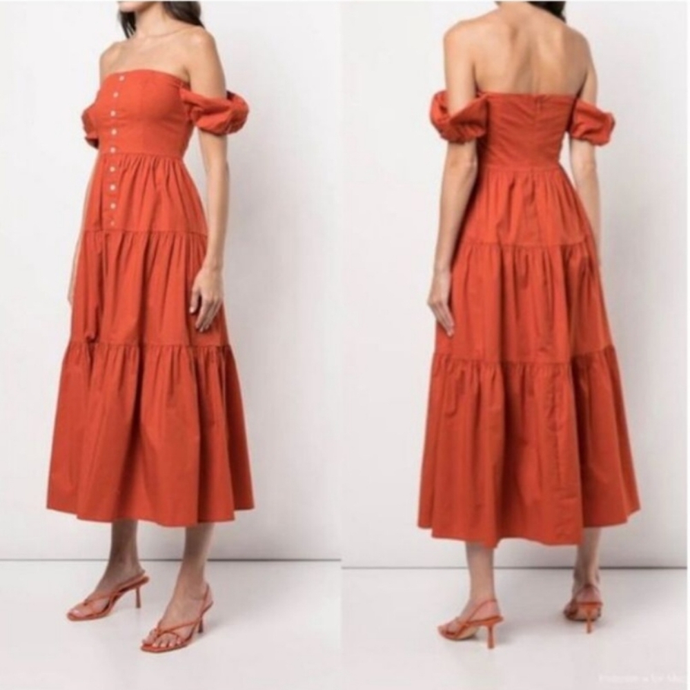 NWT STAUD Orange Off-The-Shoulder Midi Dress